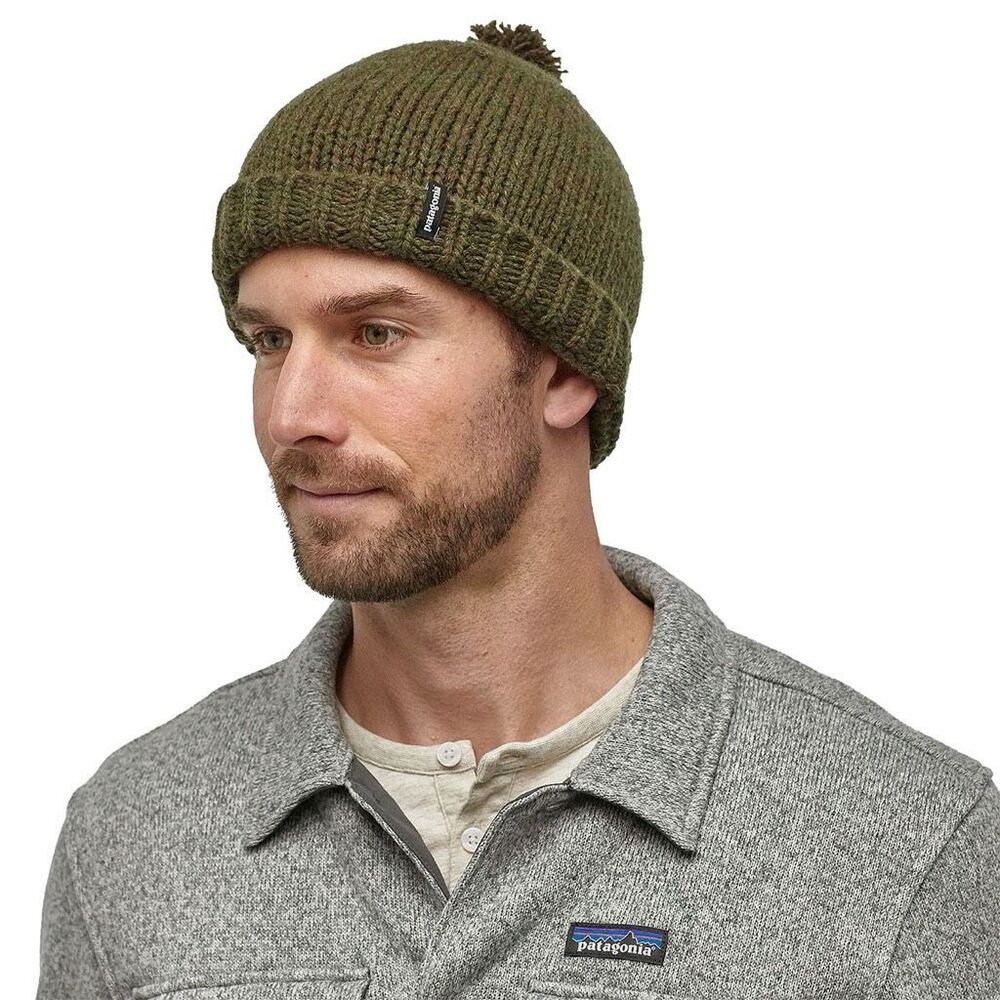 Patagonia Sapka Beanie Unisex Adult Dark Olive Green Wool Knit Pom Pom Toque
